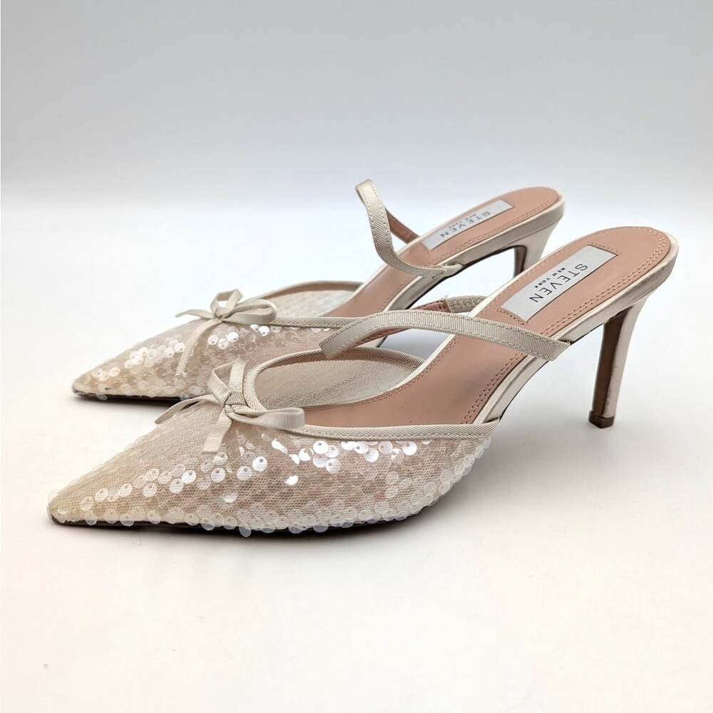 Steven New York Laurie Sequin Mule Pump Pointed Toe Women's Beige Size US6.5